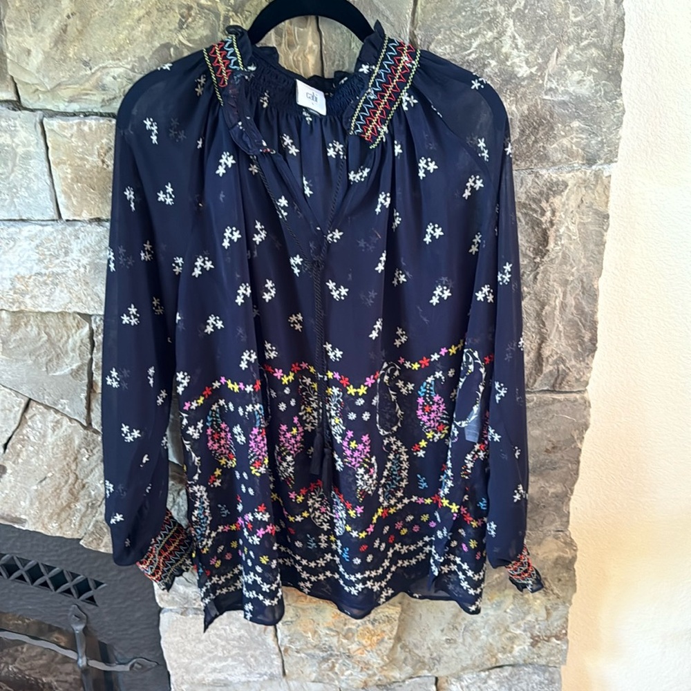 CAbi navy floral blouse